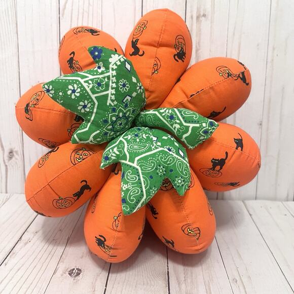 Vintage Cottagecore Handmade Halloween Fabric Large Pumpkin Plush Farmhouse - Picture 3 of 8